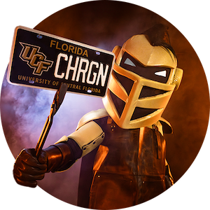 Knightro holding a custom Florida License Plate: UCF CHRGN | University of Central Florida