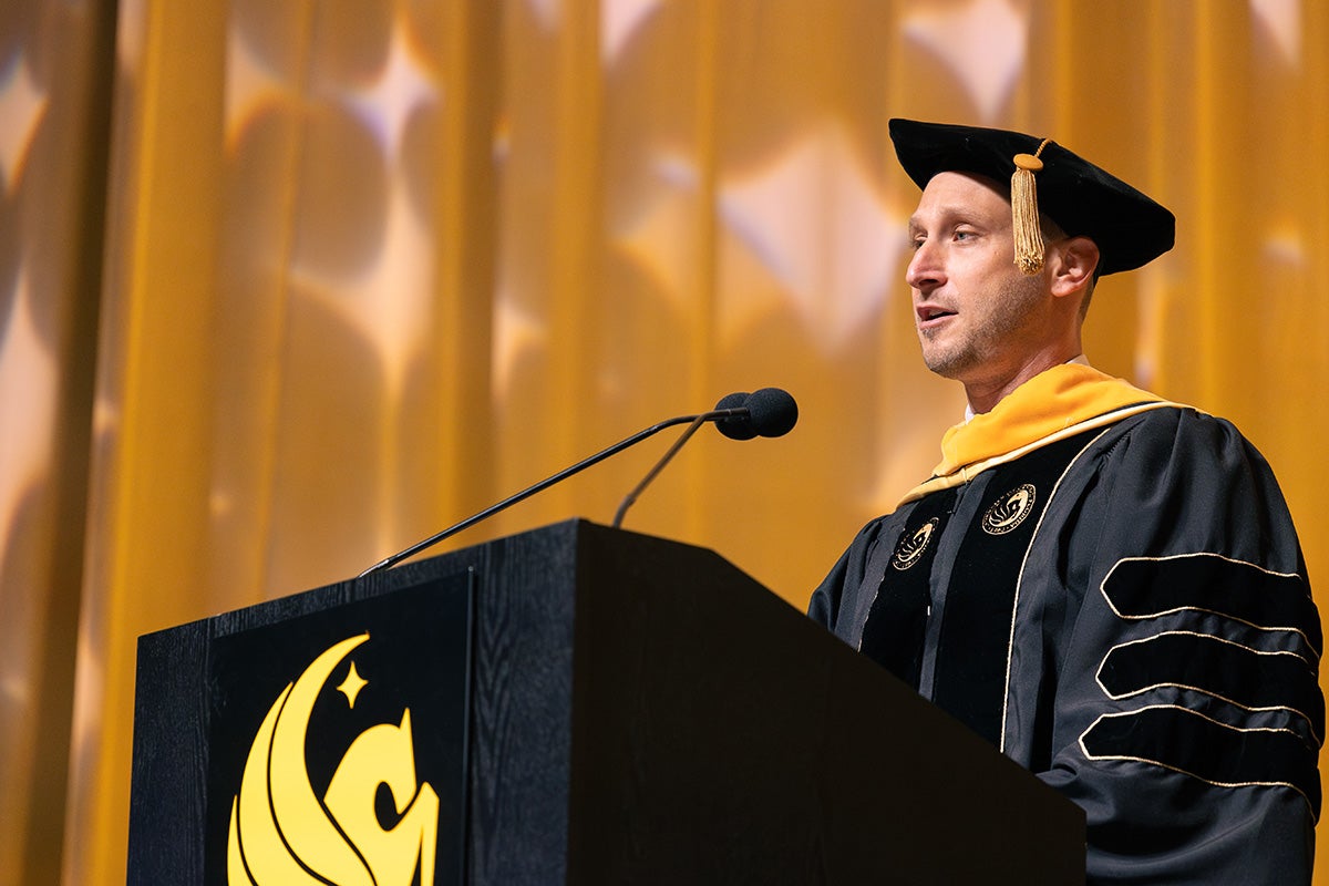 Graduation speaker talking at podium