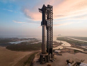 The SpaceX Starship at its launchpad in Boca Chica, Texas. Its first test launch was in April 2023 and has since had three more.