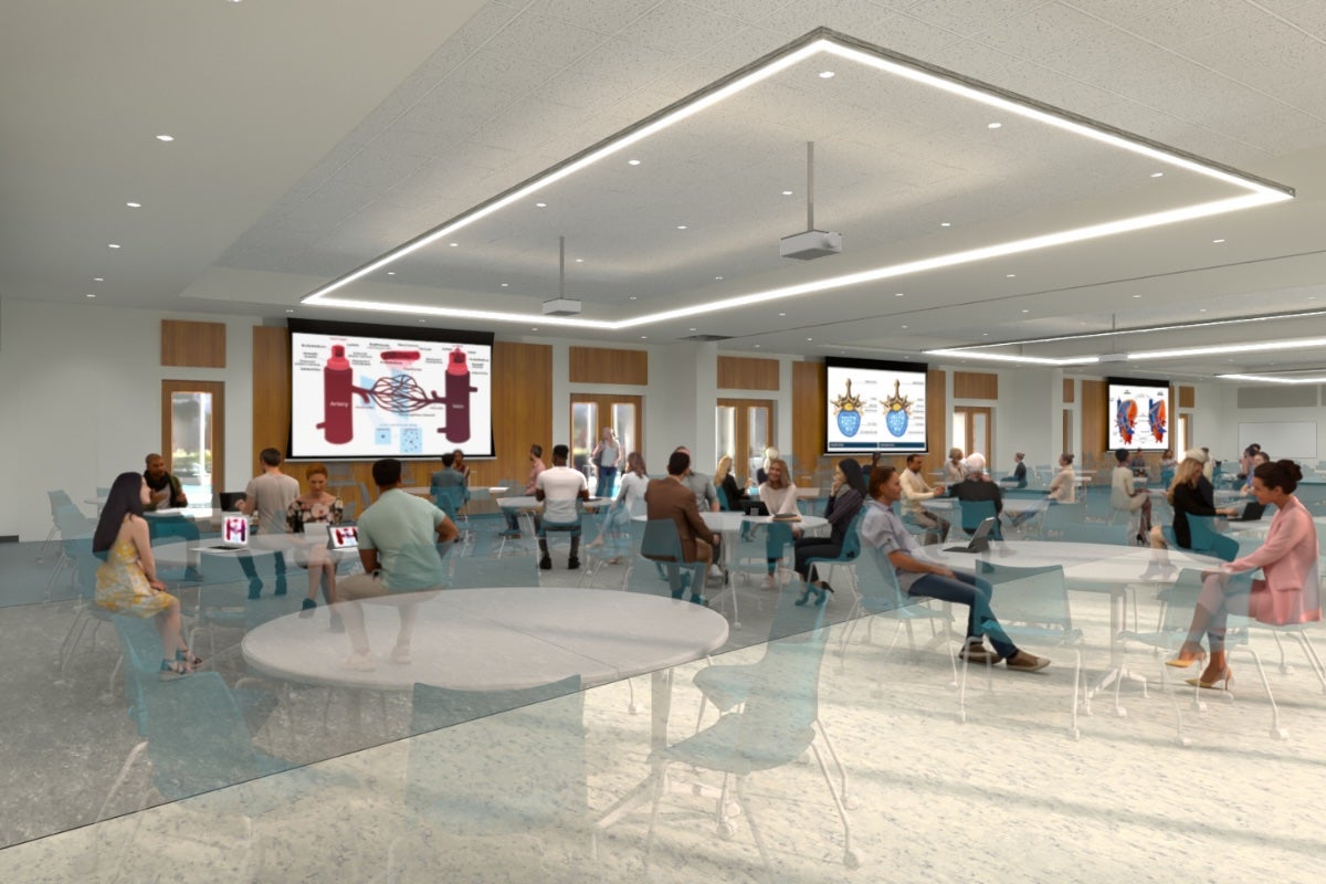 A rendering of a lab space with students sitting inside