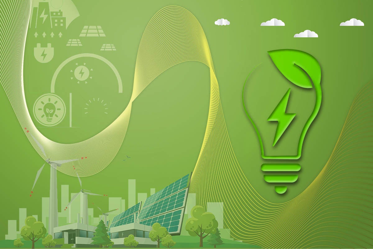 A graphic conveying energy sustainability with green colors like nature and a lightbulb