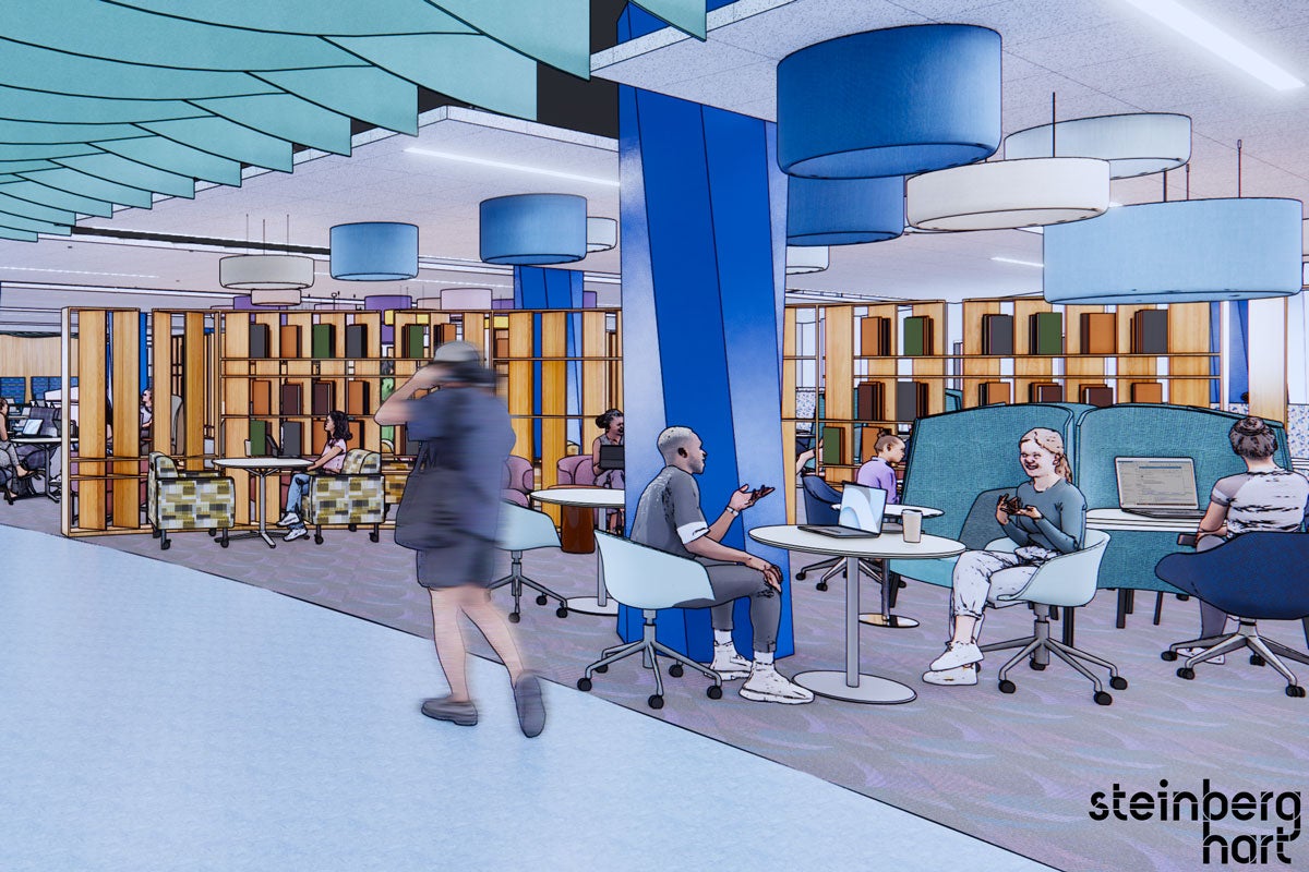 A rendering of students sitting in a library 