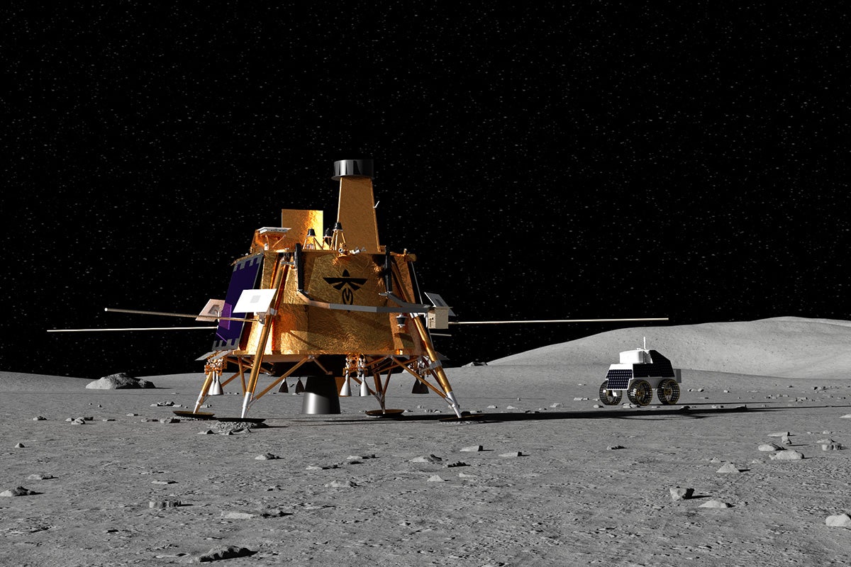 A rendering of Firefly’s Blue Ghost lunar lander and a rover developed for the company’s third mission to the Moon as part of NASA’s CLPS (Commercial Lunar Payload Services) initiative. Credit: Firefly Aerospace