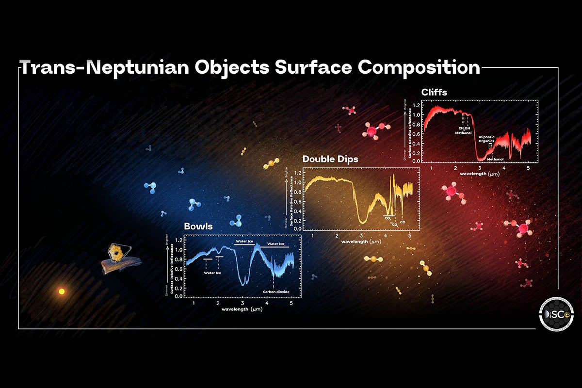 Artistic representation of the distribution of trans-Neptunian objects in the planetesimal disk, with overlaid representative spectra of each compositional group highlighting the dominant molecules on their surfaces. Credit: Graphic art by William D. González Sierra for the Florida Space Institute, University of Central Florida