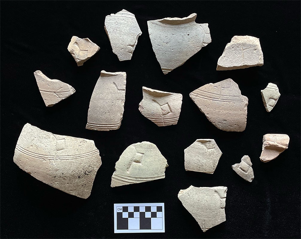 Broken pieces of storage jars marked with a special identifier symbol from the lower town palace.