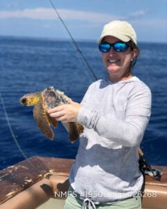 Kate Mansfield holding a wild-caught loggerhead sea turtle. (Photo courtesy of Kate Mansfield)