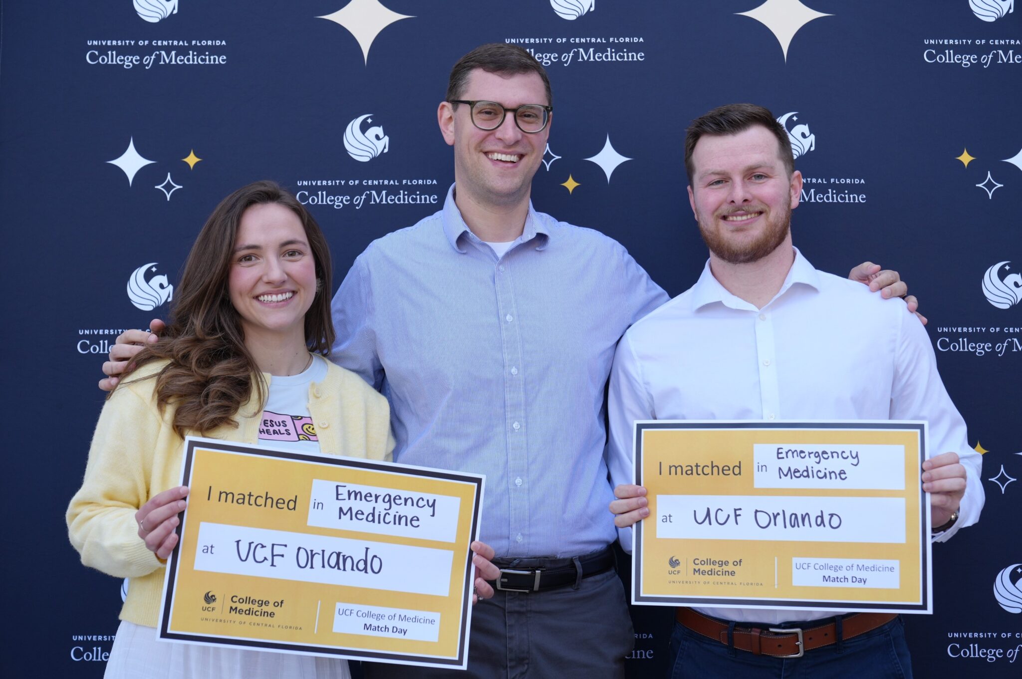 David Lebowitz, center, with Elizabeth Culberson and Sean Kennedy, two new Emergency Medicine residents who will train at HCA Florida Osceola Hospital.