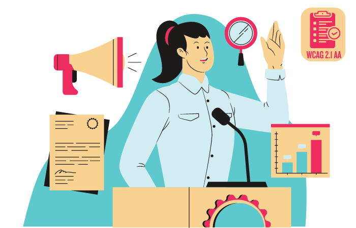 illustrated image of a woman presenting at podium.