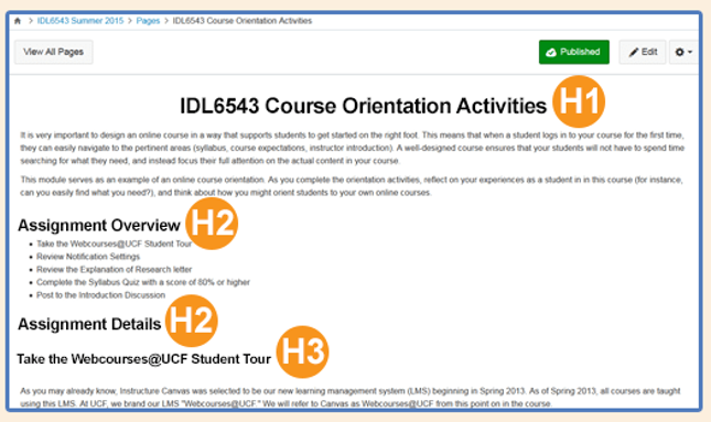 screenshot of a Canvas wiki page with headings and body content