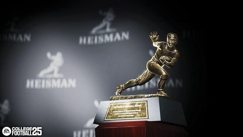 A screenshot of a Heisman trophy in the College Football 25 game