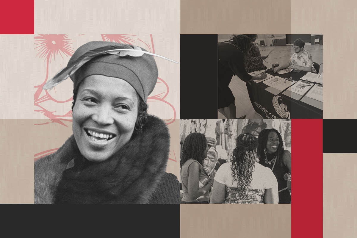 A collage of Zora Neale Hurston, people talking and someone tabling for UCF