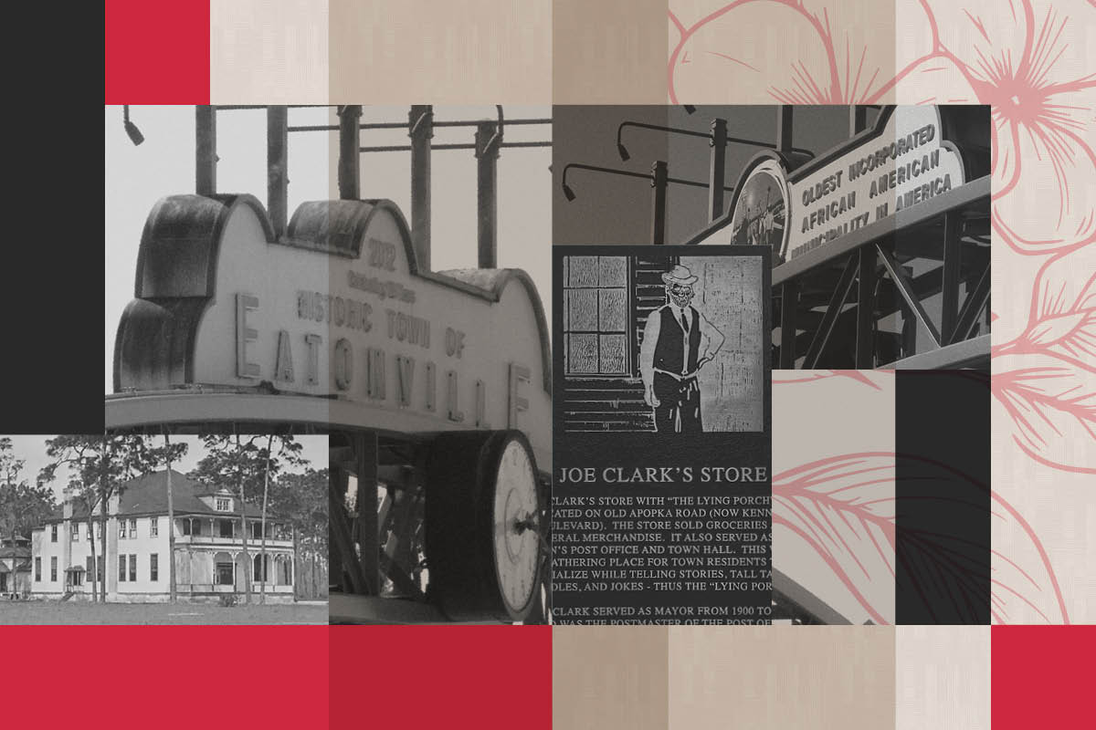 A collage of the Eatonville Gateway, a house and a plaque for the Joe Clark's store