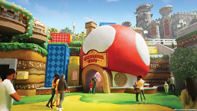 A artist conceptual rendering of toadstool cafe in Super Nintendo World