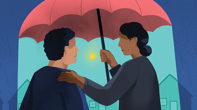 An illustration of someone holding an umbrella over someone else and touching their shoulder